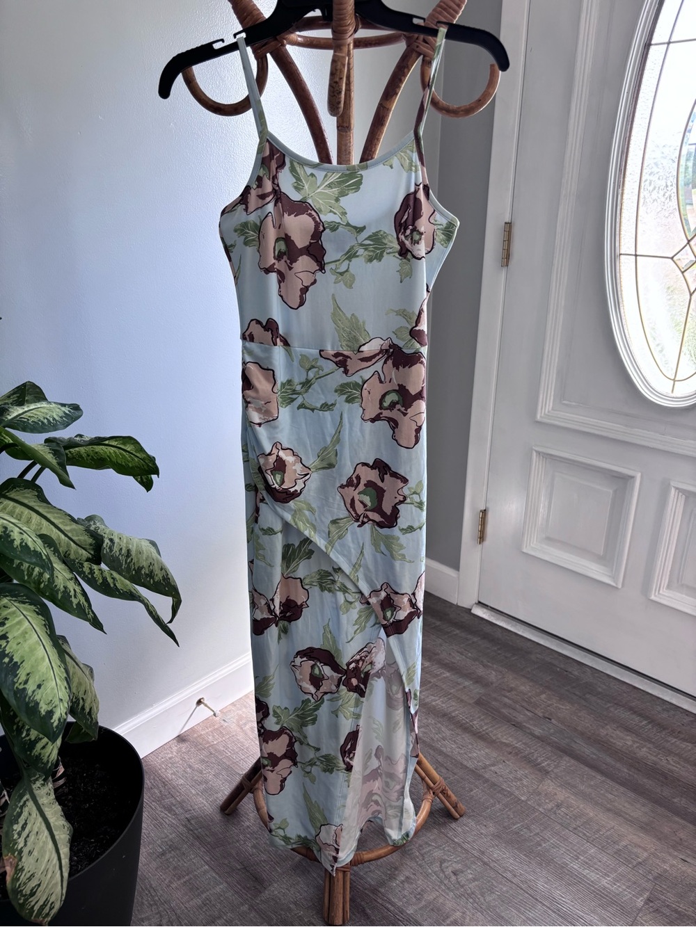 Floral Slip Maxi Dress in Pale Blue with Green Leaves